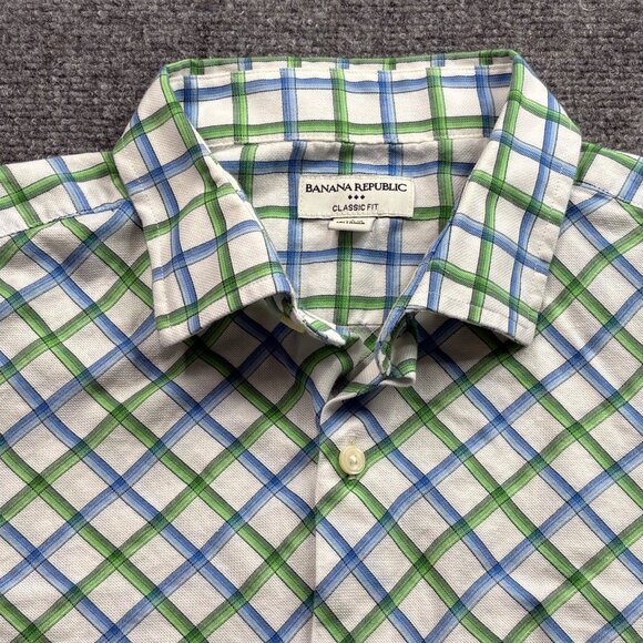 Banana Republic Shirt Mens  L Blue‎ Green Checkered Classic Fit Button Preppy - Picture 2 of 12